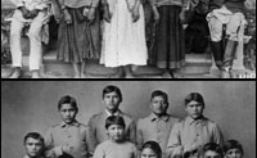 Top: A group of Chiricahua Apache students on their first day at Carlisle Indian School in Carlisle, Pa. Bottom: The same students four months later.