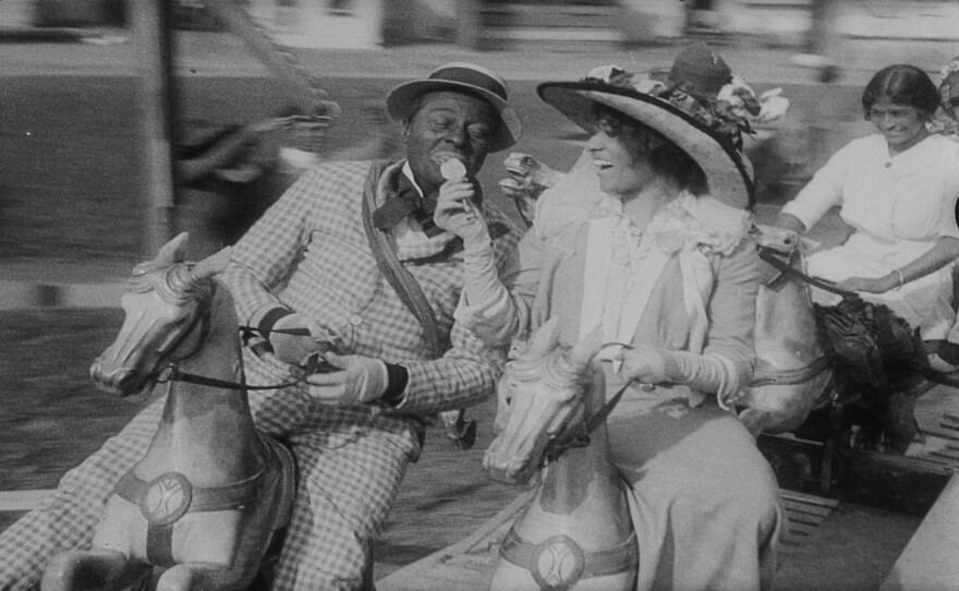 A scene from <em>Bert Williams: Lime Kiln Field Day Project </em>shows Odessa Warren Grey and Bert Williams in a light-hearted moment. The film is unusual for its time in that it shows dignified black characters as romantic leads.