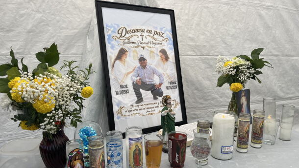 An ofrenda for Guillermo Pascual Vergansa is set up in the backyard of his family's home, Oct. 28, 2026.