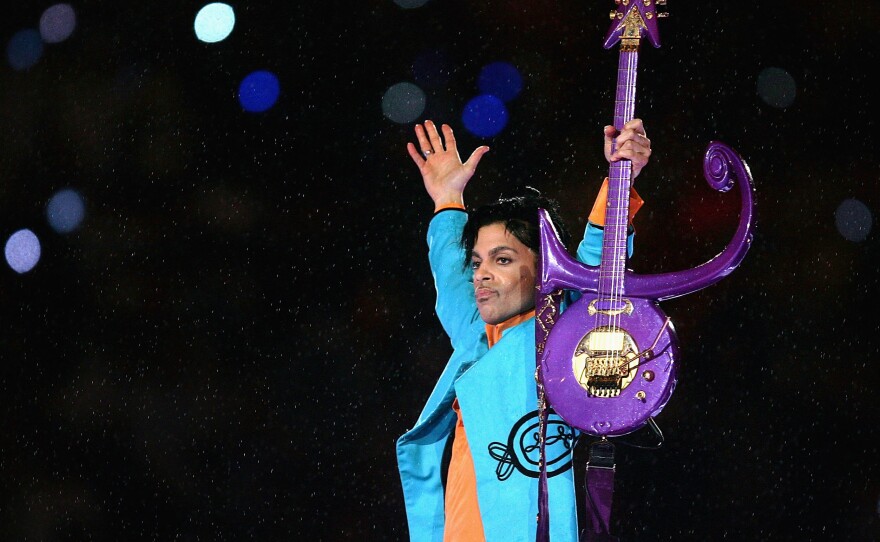 Prince performs during the 2007 Super Bowl halftime show in Miami, Fla.