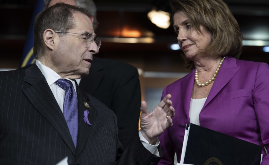 House Judiciary Committee Ranking Member Jerry Nadler talks with Minority Leader Nancy Pelosi. Top Democrats say that if they take control of the House, they'll focus on investigating — not impeaching — President Trump.