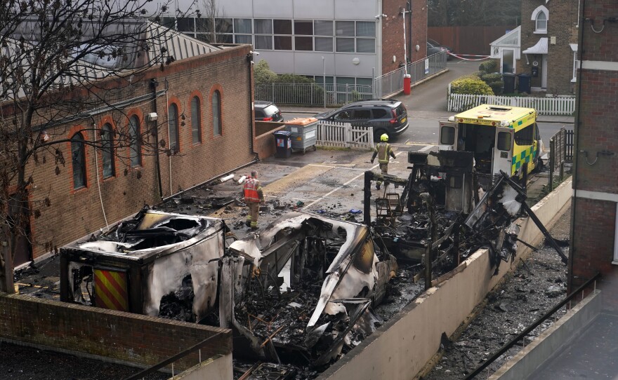 View at burnt Ambulances in a car park at Golders Green in London, Monday, March 23, 2026 after an apparent arson attack on four vehicles belonging to a Jewish ambulance service, Hatzola Northwest, in London.
