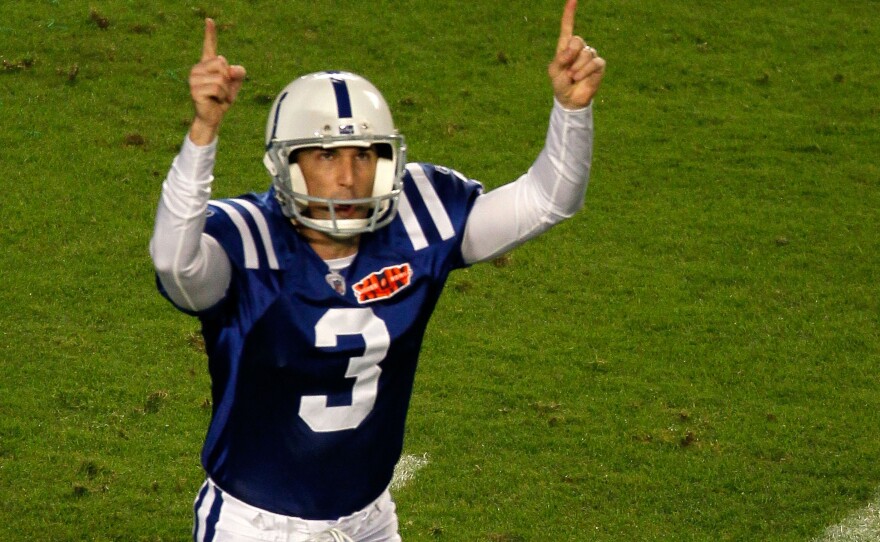Kicker Matt Stover, then an Indianapolis Colt, celebrates after nailing a field goal against the New Orleans Saints during Super Bowl XLIV in 2010.