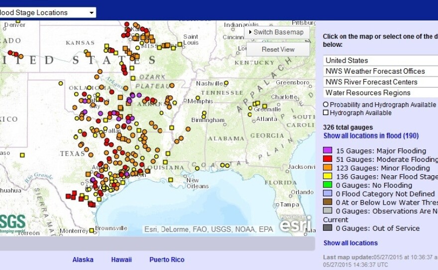 A map shows locations that are at or near flood stage, as of 10:30 a.m. Wednesday.