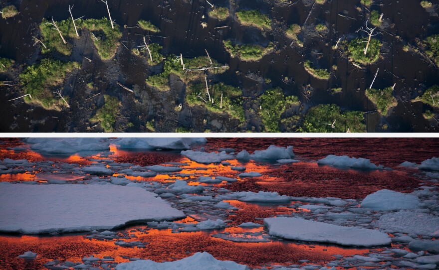 (Top image) A May 2006 aerial view of marshlands near Empire, La. Since the 1930s, the state has lost about 2,000 square miles of land, the highest rate of land loss in the United States. (Bottom image) The warm light of an Antarctic sunset bathes sea ice floating in the Lemaire Channel in January 2022.