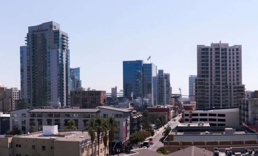 An aerial view of buildings in Downtown San Diego. Oct. 2, 2020.  