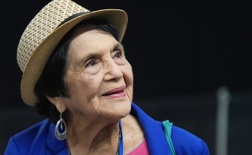 FILE - Dolores Huerta, the labor leader, civil rights activist and co-founder of the National Farm Workers Association, is seen at the California Democratic Party's 2025 State Convention at the Anaheim Convention Center in Anaheim, Calif., May 31,...