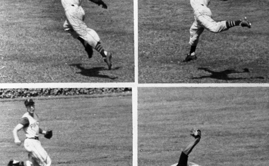 This series shows Pittsburgh Pirates' right fielder Roberto Clemente making a sensational backhanded catch of a long drive by Bobby Thomson of the Cubs in 1958. The Puerto Rico series was intended to honor Clemente, a Hall of Fame player who died in 1972 while trying to deliver aid to earthquake victims in Nicaragua.