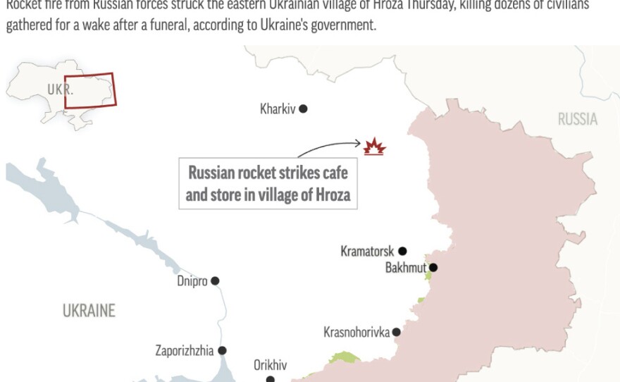 Ukrainian officials say a Russian rocket attack hit a village in eastern Ukraine Thursday, killing dozens of civilians gathered after a funeral.