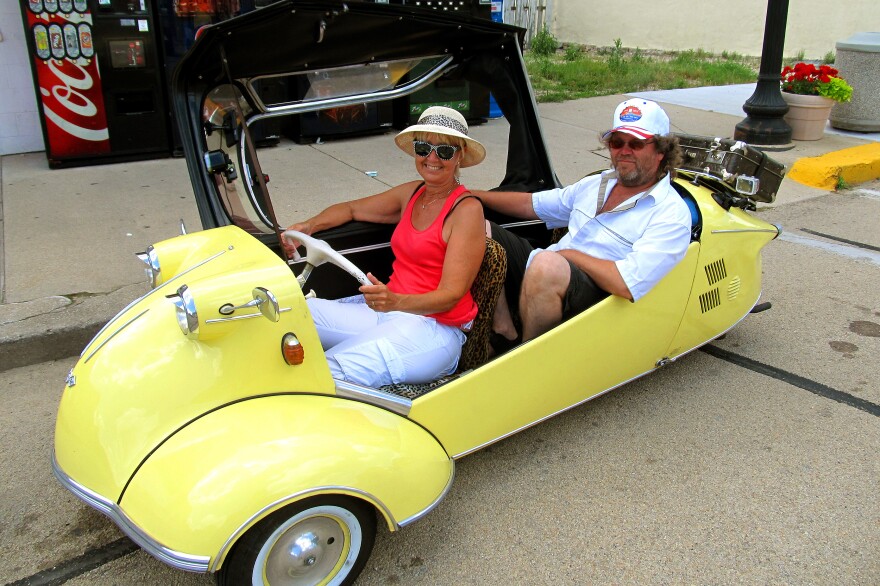 Erik and Mary-Ann Gjermundsen of Norway are making the nearly 3,400-mile trip across the U.S. in their small Messerschmitt.