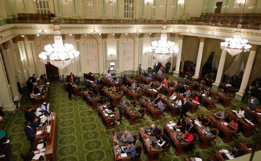 Lawmakers gather on the Assembly floor during the final days of session at the state Capitol in Sacramento on Aug. 31, 2026.