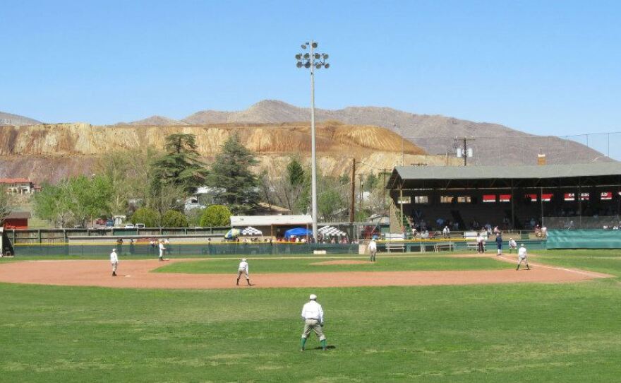 Players in 1860s-style uniforms take the field in the Copper City Classic Vintage Base Ball Tournament at Warren Ballpark in Bisbee, Ariz. (Photo courtesy of Jacob Pomrenke)