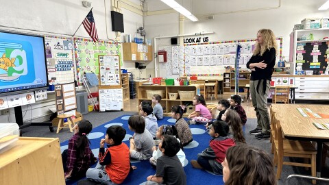 Cameron Hupp (standing) works with a co-teacher during a full day of learning for students in her UTK classroom at Field Elementary, San Diego, Calif., Jan. 19, 2024