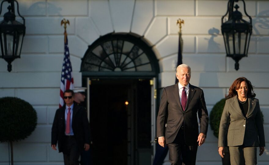 President Biden and Vice President Harris arrive on the South Lawn of the White House on Nov. 15 for a signing ceremony for the infrastructure bill.