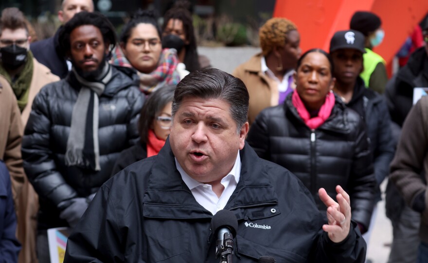 Illinois Gov. JB Pritzker speaks during a transgender support rally at Federal Building Plaza on April 27, 2022 in Chicago. Pritzker, a Democrat, is up for reelection in November.