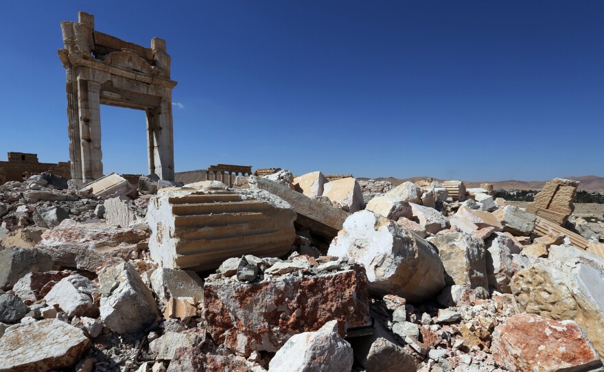 The remains of Temple of Bel's "Cella," which was blown up by the Islamic State last year, as seen Thursday in the ancient Syrian city of Palmyra. The main building of the ancient temple was destroyed by ISIS as well as a row of columns in its immediate vicinity.