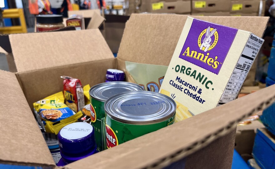 A typical food box with non-perishable items in it, is shown at the Feeding San Diego warehouse on October 1, 2025.