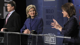 Texas GOP gubernatorial candidates (from left) Gov. Rick Perry, Sen. Kay Bailey Hutchison and Debra Medina debate in Dallas.