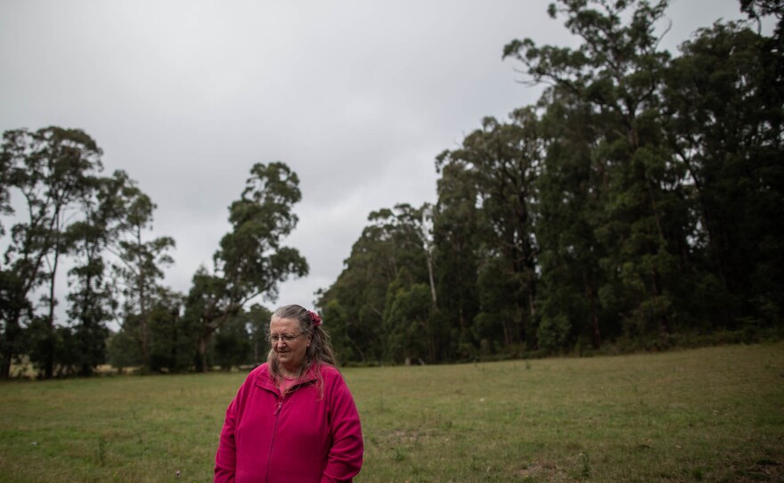 Christine Stonehouse stands next to the site of her former home, which burned down on Black Saturday in 2009. "Our plan was always to leave," she says of her family's decision to flee as soon as it learned a bushfire was headed for its town.