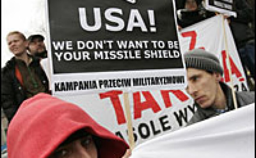 Demonstrators protest a planned U.S. anti-missile base, in Slupsk, Poland.