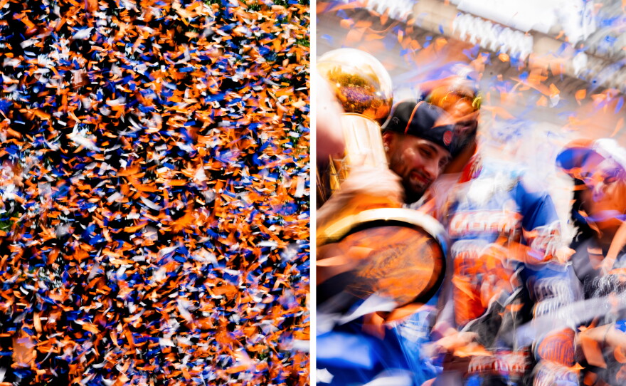 Jose Alvarado of The New York Knicks celebrates winning the 2026 NBA Championship during a ticker tape parade at City Hall.
