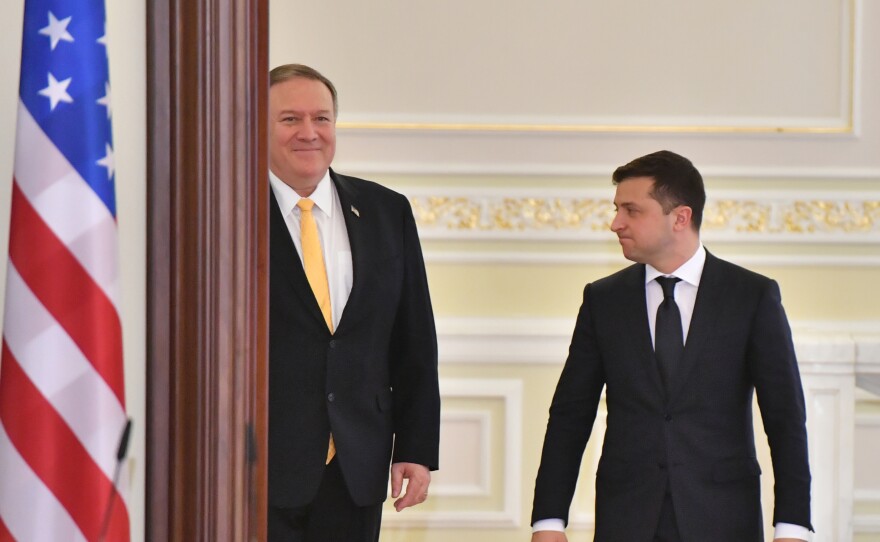 Secretary of State Mike Pompeo (left) and Ukrainian President Volodymyr Zelenskiy arrive for a joint news conference in Kyiv, Ukraine, on Jan. 31.