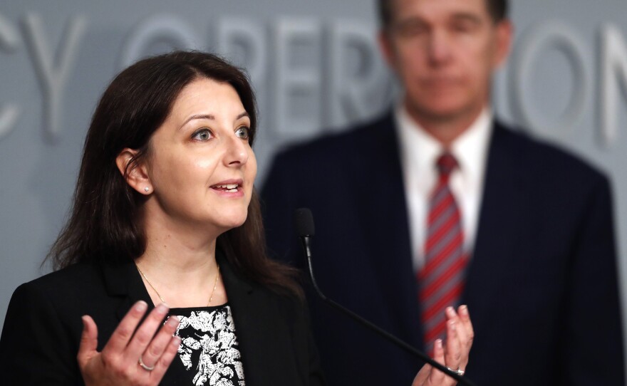 Mandy Cohen, secretary of the North Carolina Department of Health and Human Services, speaks during a May 26 briefing on the COVID-19 pandemic at the Emergency Operations Center in Raleigh, N.C.