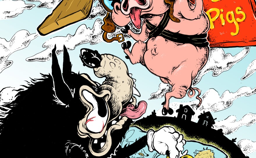 Mel Jarvis, <em>Dyslexic Piggy</em>, ink and digital coloring, 2016.