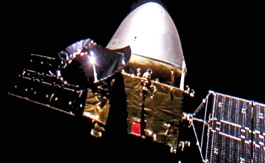 An selfie taken by China's Tianwen-1, made available by the China National Space Administration, in December. China announced Wednesday that the probe had entered orbit around Mars.