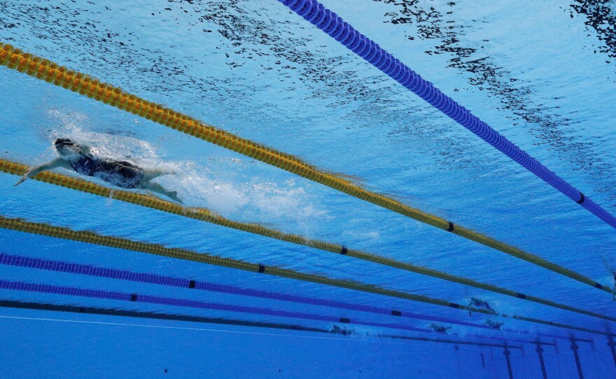 Katie Ledecky leads the field by a wide margin in the women's 800m freestyle final on Day 7 of the Rio 2016 Olympic Games at the Olympic Aquatics Stadium. It was Ledecky's last event in Rio.