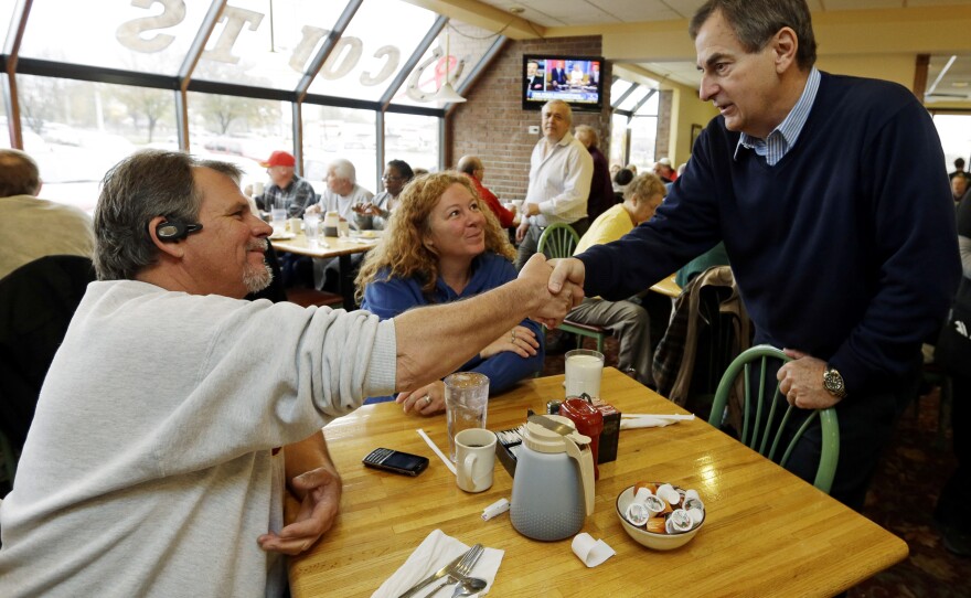 Republican Richard Mourdock, candidate for Indiana's U.S. Senate seat (right) meets Mike Nestor and LoRita Stofleth at Blueberry Hill Pancake House Saturday in Indianapolis.