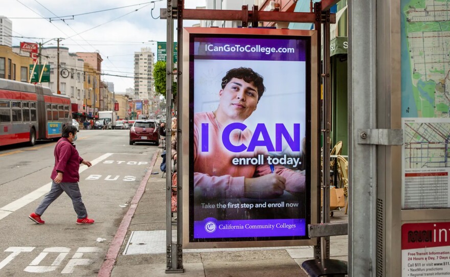 A community college advertisement at a bus stop in San Francisco.