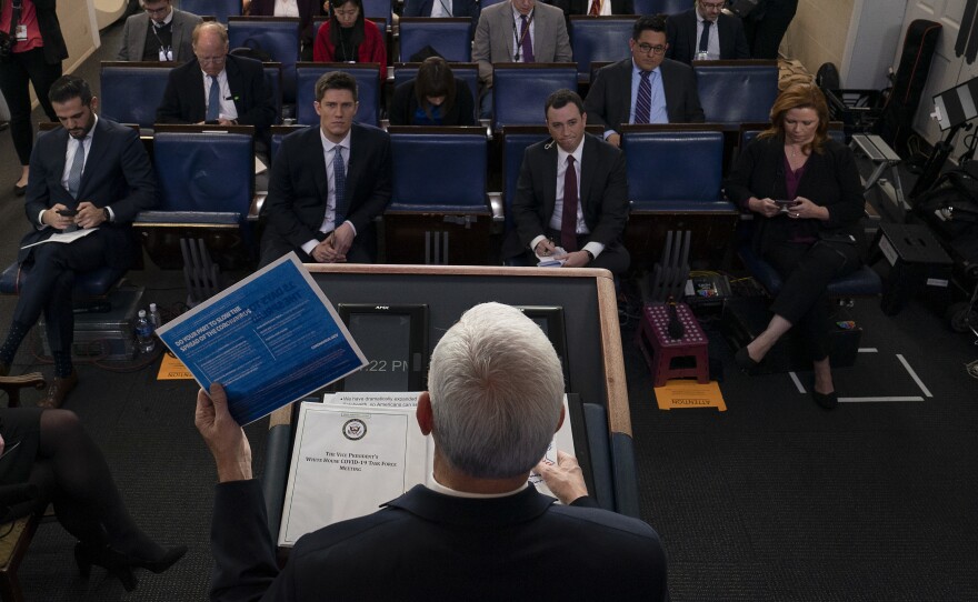 Vice President Pence speaks during a briefing at the White House on Saturday. The coronavirus task force is holding another briefing on Monday afternoon.