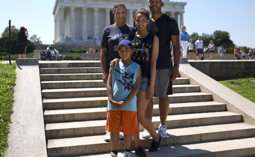 Kara, Michael, Mikaila and Cameron Milton of Greensboro, N.C., pose for a portrait near the Lincoln Memorial on June 21, after reading the Declaration of Independence for