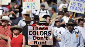 Participants hold up signs at a Tea Party protest at the Oregon State Capitol in September. Historian Michael Kazin says the Tea Party movement is a problem for Democrats and for Republicans, too, who have to channel the discontent to their benefit and not be consumed by it.