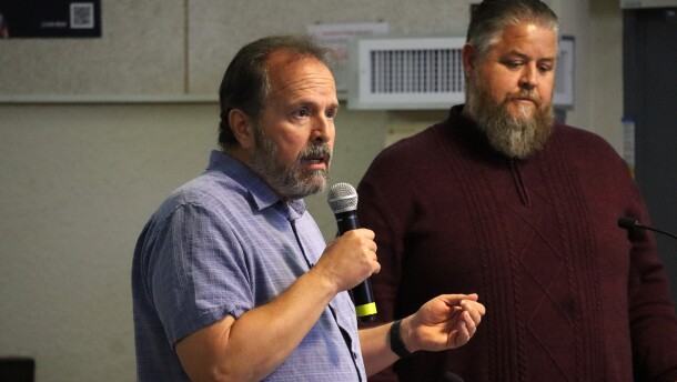 Mira Mesa High School education specialist Joe Sabeh (left) and Principal Jeff Sabins at a San Diego Unified School District board meeting on Tuesday, Oct. 14, 2025.