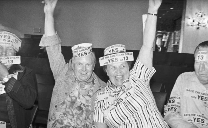 Proposition 13 backers celebrate the measure's passage in 1978.