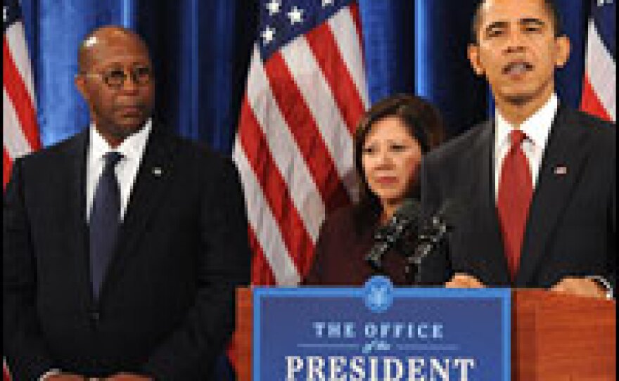 President-elect Barack Obama holds a press conference Friday in Chicago Friday to introduce more of his Cabinet selections. They include Rep. Hilda Solis of California (center) for labor secretary and former Dallas Mayor Ron Kirk (left) as trade representative.