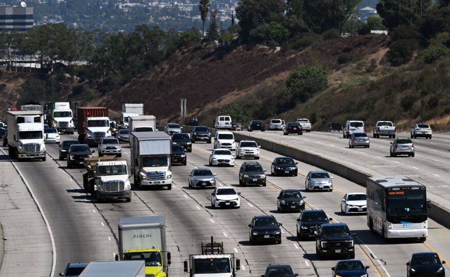 Traffic on the 405 freeway in Los Angeles on Aug. 25. California ruled Thursday that all new cars sold in the state must be zero-emission vehicles by 2035.