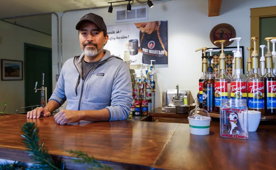 Tudor Montague, a Quechan community member, at his coffee shop, Spirit Mountain Roasting Co., in Winterhaven on Dec. 12, 2023. Montague, who grew up in the area, opened the coffee shop in June of 2023.