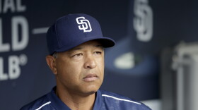 This June 15, 2015, file photo show San Diego Padres acting manager Dave Roberts looks on from the dugout before the Padres play the Oakland Athletics in a baseball game in San Diego.
