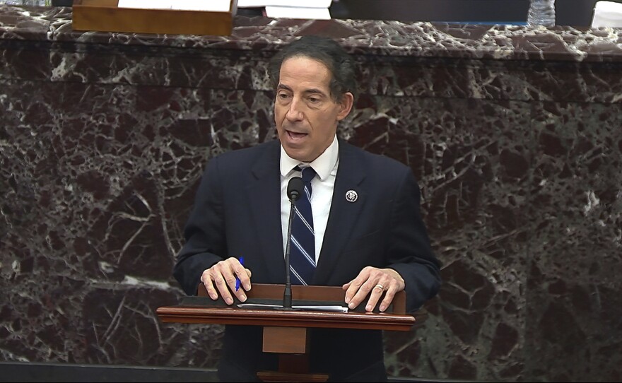 In this image from video, House impeachment manager Rep. Jamie Raskin (D-Md.) speaks during the second impeachment trial of former President Donald Trump and says he would like to subpoena Rep. Jaime Herrera Beutler.