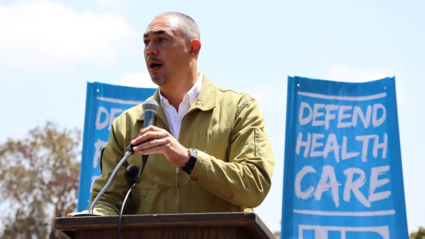 Sean Elo-Rivera, who represents District 9 on the San Diego City Council, speaks in Balboa Park on Thursday, May 1, 2025.