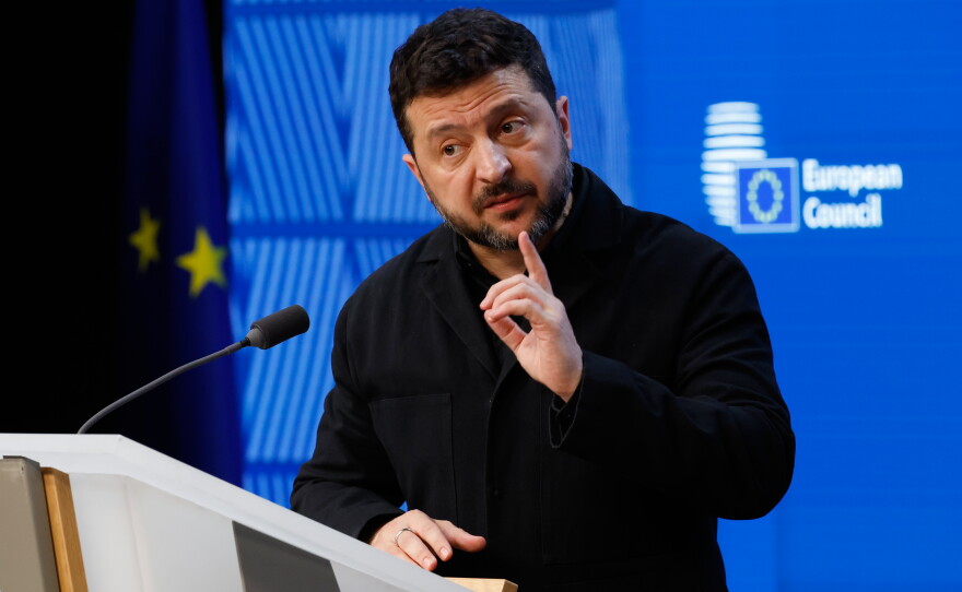 Ukraine's President Volodymyr Zelenskyy speaks during a media conference at the EU summit in Brussels, Friday, Oct. 16, 2026.