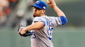 James Shields is pictured throwing during the first inning of Game 5 of baseball's World Series against the San Francisco Giants, Oct. 26, 2014.