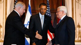 President Obama watches as Israeli Prime Minister Benjamin Netanyahu and Palestinian President Mahmoud Abbas shake hands last September in New York. Current tensions have laid bare problems between longtime allies U.S. and Israel and the cloudy prospects for peace.