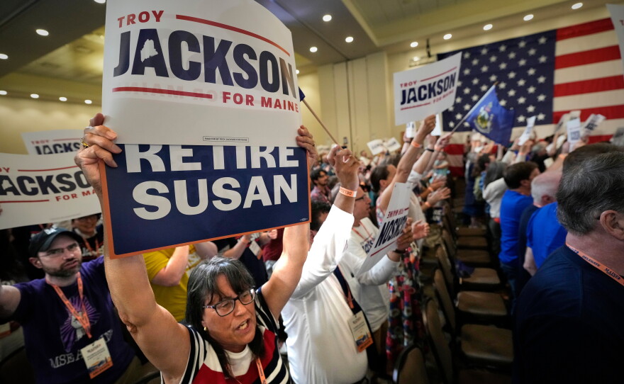 Delegates cheer for Troy Jackson at the Maine Democratic Nominating Convention on Saturday in Bangor.