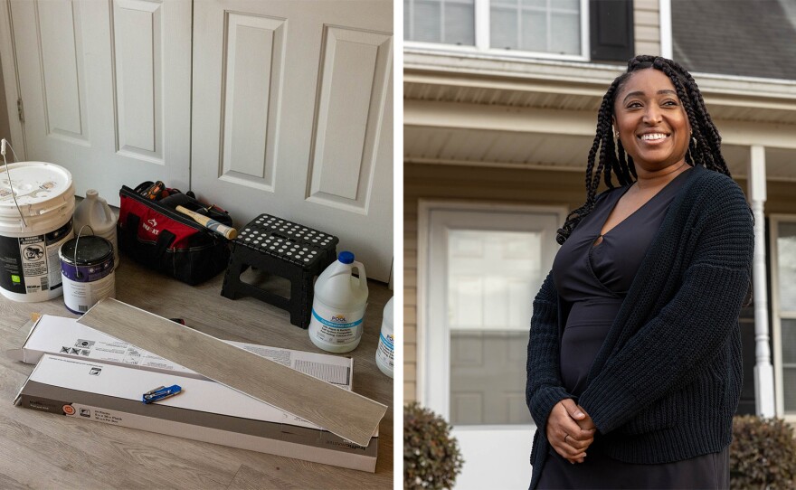 Left: Home repair materials are on the floor of Nicole Howson's remodeled kitchen. Right: Howson stands in front of her home in Griffin, Ga.