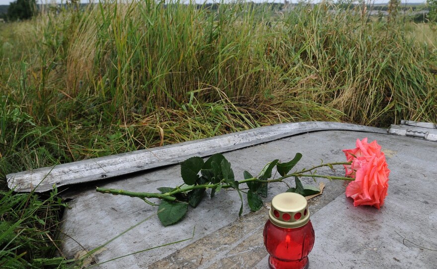 A candle and a rose are placed on a piece of debris at the site of the crash.