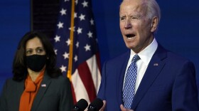 President-elect Joe Biden, joined by Vice President-elect Kamala Harris, speaks at The Queen theater, Monday, Nov. 9, 2020, in Wilmington, Del.